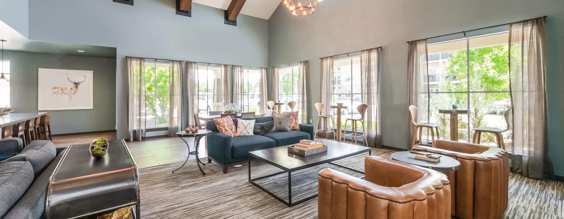 a spacious room with a fireplace