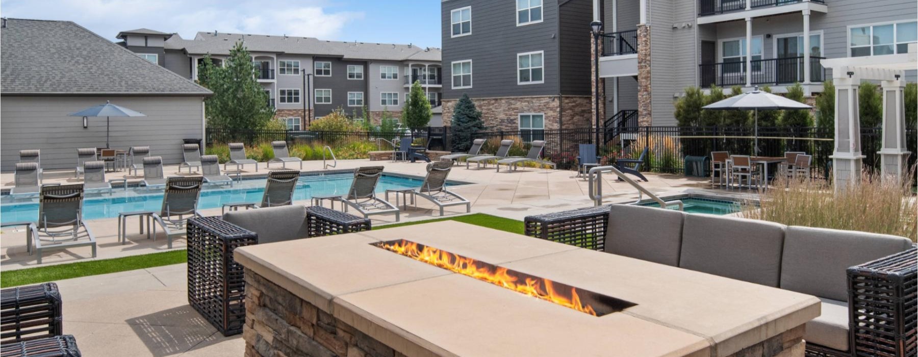 a swimming pool and a firepit