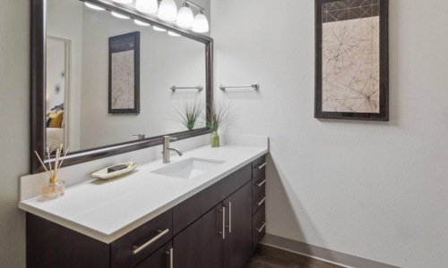 a bathroom with a large mirror